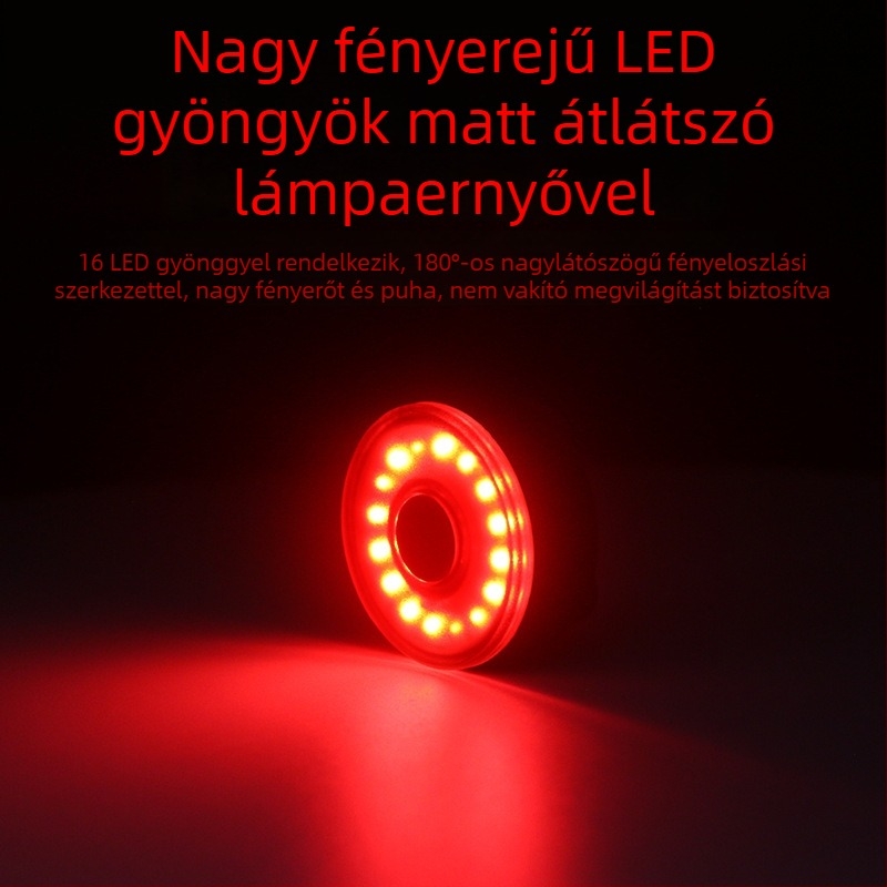 LED hátsó fény kerékpárhoz – biztonsági figyelmeztető, erős villanó fény, vízálló és újratölthető; pántos rögzítés; micro-USB töltés; MTB és városi kerékpárokhoz.
