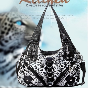 Válltáska mosott bőrhatású, leopárd mintával és szegecses részletekkel, divatos crossbody, közepes méret, dumpling-formájú