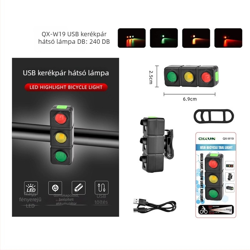 Hátsó tri-színű LED-lámpa kerékpárhoz, USB-töltéses, kültéri LED világítás terepbringázáshoz.