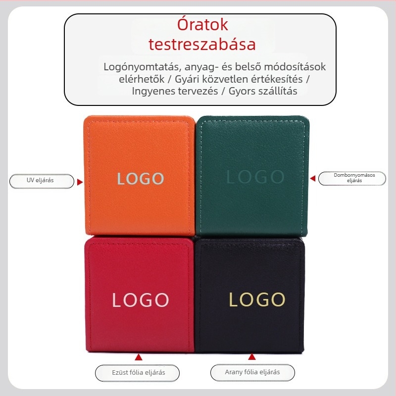 Prémium bőrből készült óradoboz cipzárral, PU bőrös lehajtható fedéllel, logóval testre szabható doboz