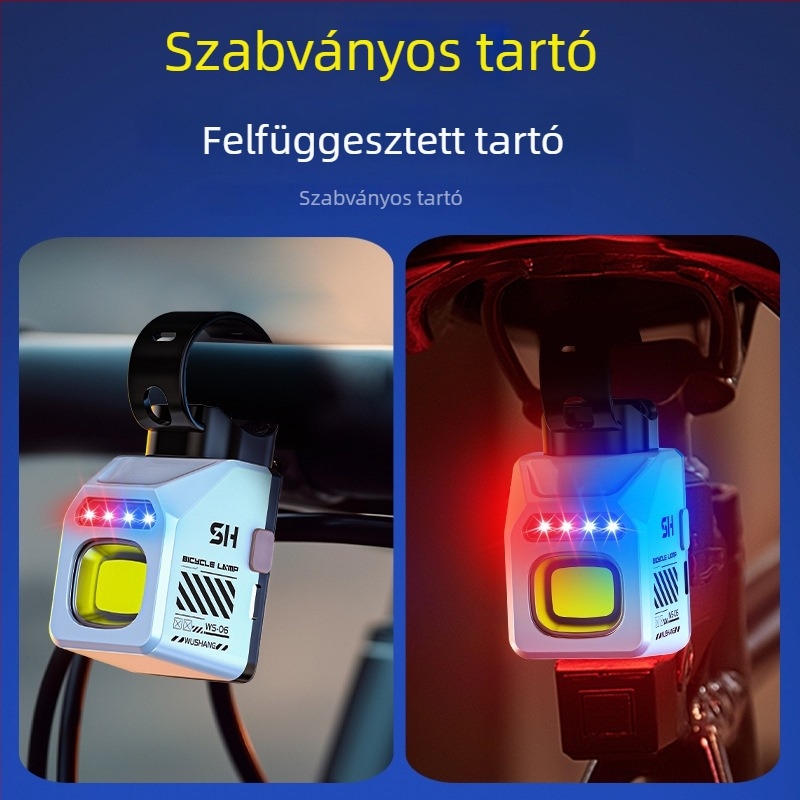Wushang többfunkciós kerékpárfény elöl és hátul, újratölthető, figyelmeztető világítás, hosszú hatótávolságú éjszakai vezetéshez