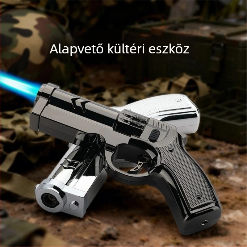 Pisztoly formájú szélbiztos gyújtó, felfújható fémtesttel, kültéri grillhez, mechanikus, divatos dizájn, állítható láng