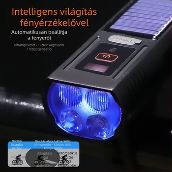 2 az 1-ben kerékpár első lámpa digitális kijelzővel, napelemes kürt fény MTB és országúti kerékpárokhoz éjszakai tekeréshez