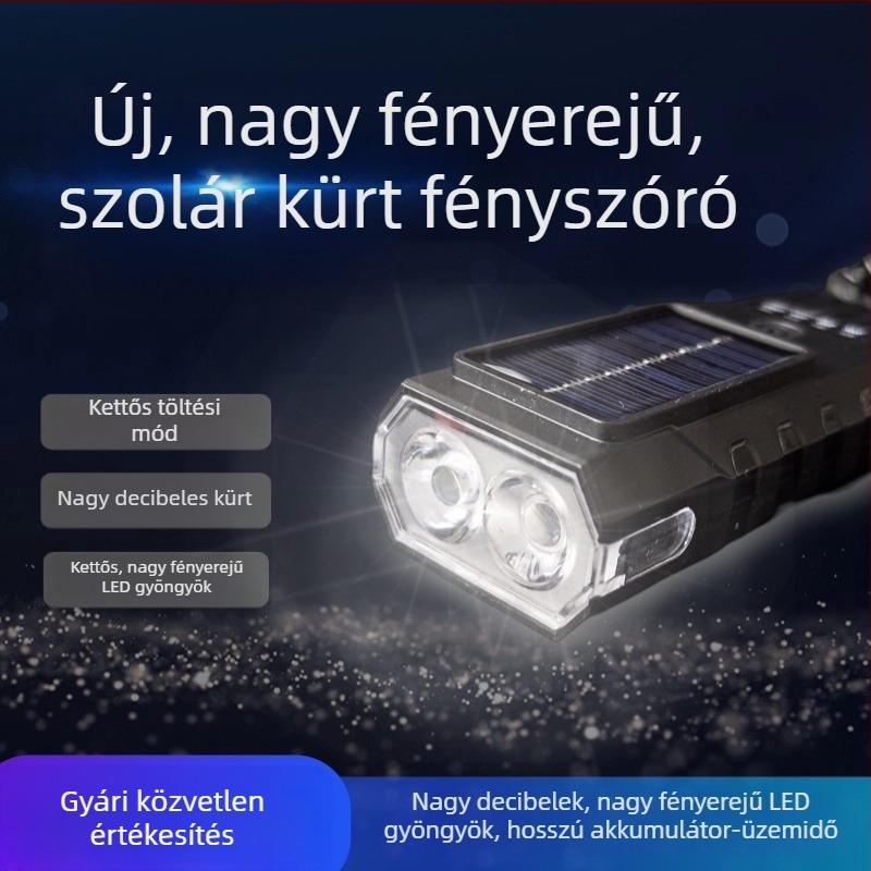 Napelemes kerékpár első lámpa USB töltéssel, kettős fejű, hosszú ideig tartó erős fény éjszakai tekeréshez