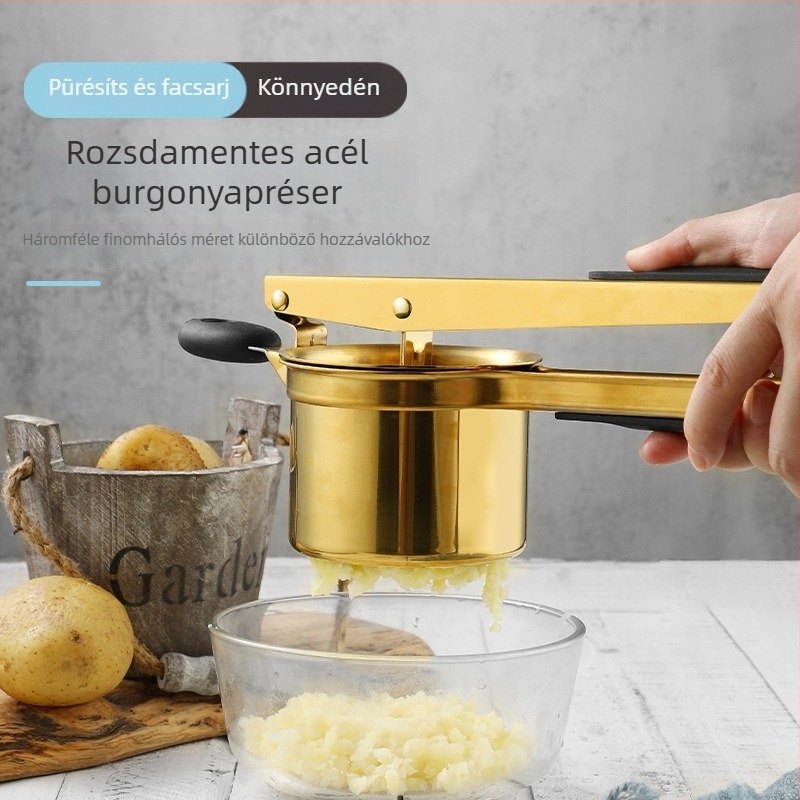 Aranyszínű kézi facsará és burgonya püré nyomóval, szilikon szűrővel, 430 rozsdamentes acélból