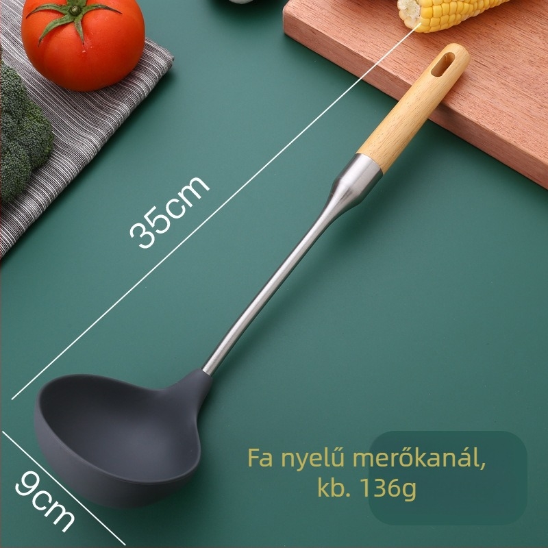 Szilikon spatula és rozsdamentes acél kanál készlet fa nyéllel a konyhához