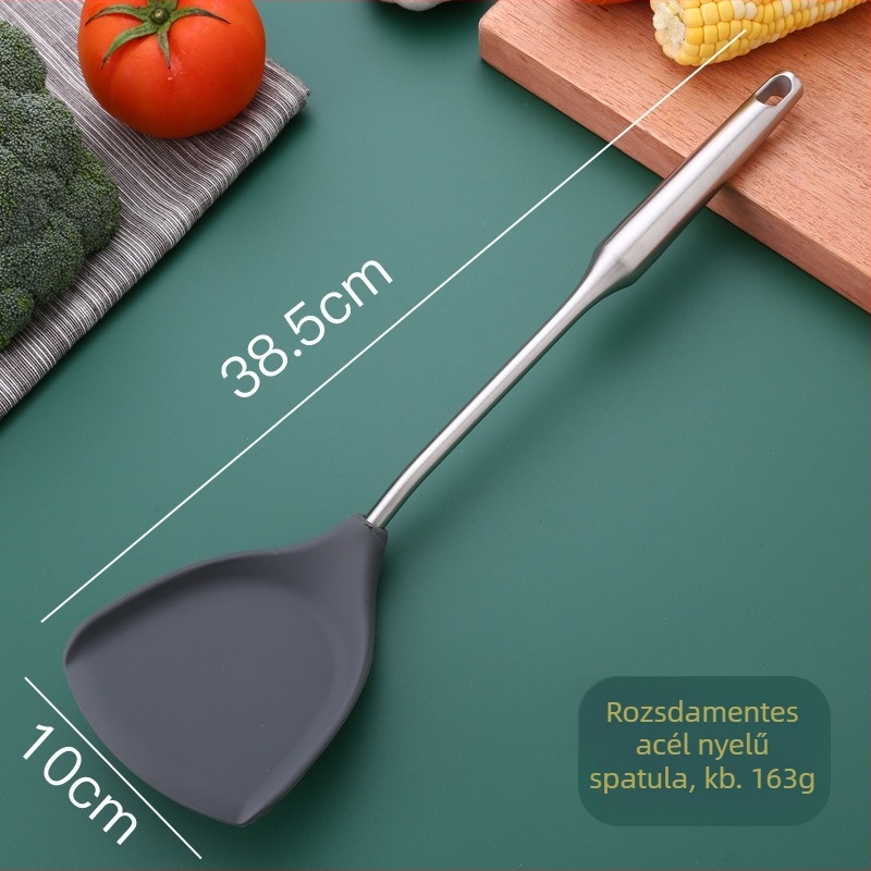 Szilikon spatula és rozsdamentes acél kanál készlet fa nyéllel a konyhához