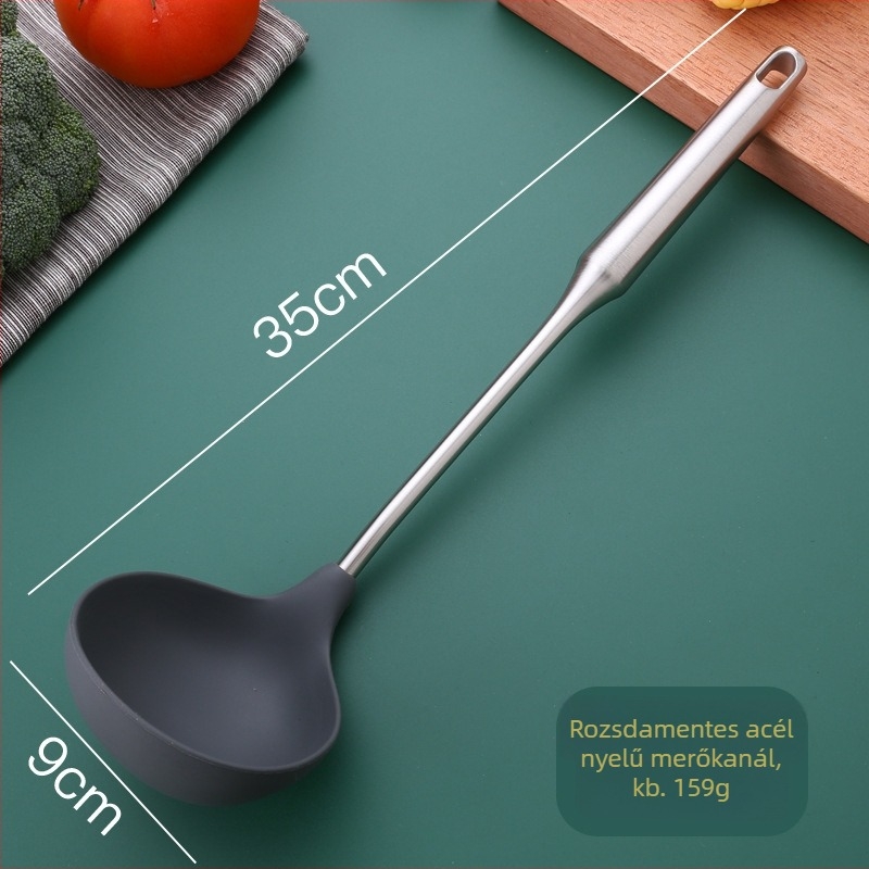 Szilikon spatula és rozsdamentes acél kanál készlet fa nyéllel a konyhához