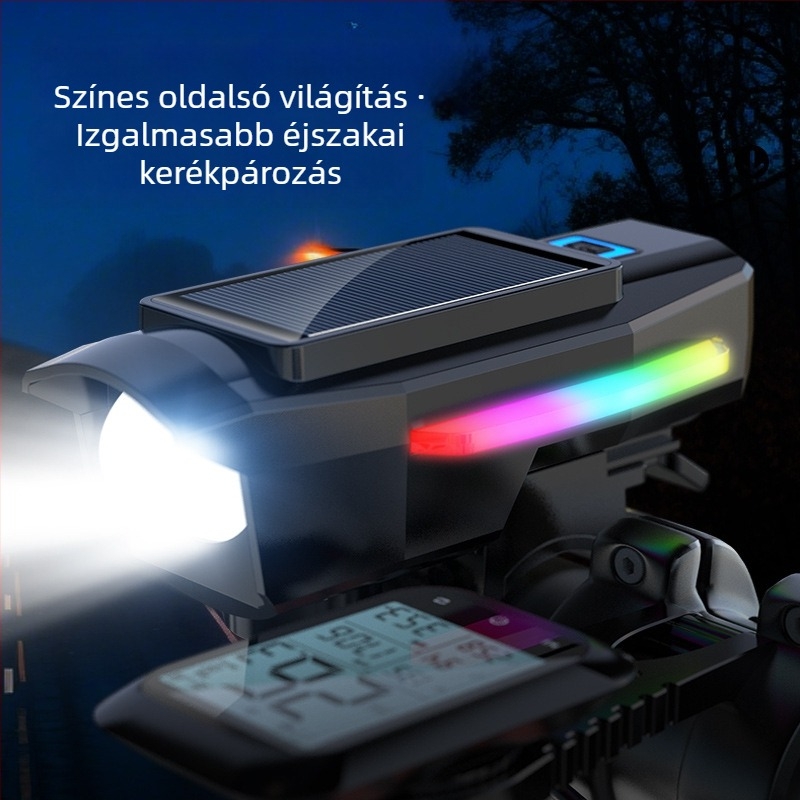 Napelemes kerékpár első lámpa kürttel és csengővel, erős LED zseblámpa éjszakai hegyi tekeréshez