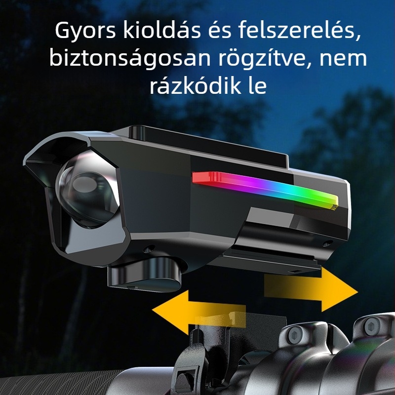 Napelemes kerékpár első lámpa kürttel és csengővel, erős LED zseblámpa éjszakai hegyi tekeréshez