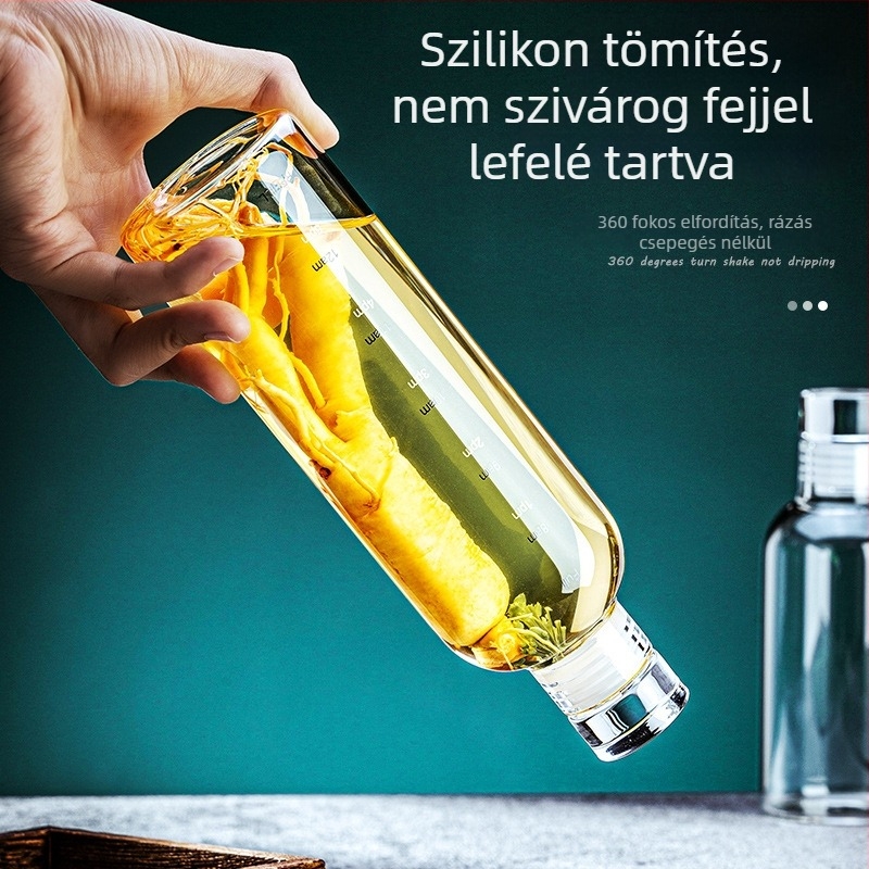 Boroszilikát üvegből készült borosüveg zárható kupakkal, ginzeng-infúziós üveg, minimalist stílus, mérőskálákkal.