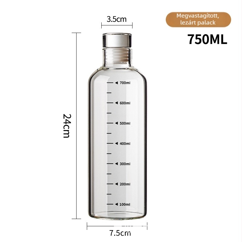 Boroszilikát üvegből készült borosüveg zárható kupakkal, ginzeng-infúziós üveg, minimalist stílus, mérőskálákkal.