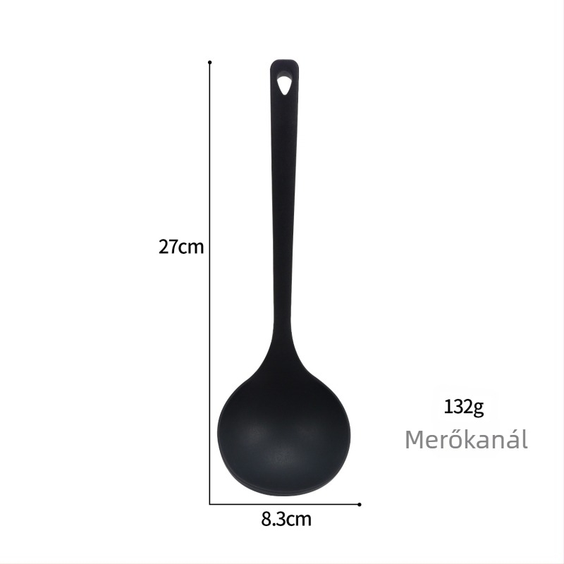 Szilikonbevonatú vasból készült konyhai készlet – spatula, keverőkanál a sütéshez és leveskanál; nem tapad, csúszásmentes, hőálló.