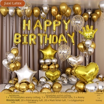 Szülinapi buli dekoráció – latex ballon készlet a háttér díszítéséhez, kerek ballonok fekete, ezüst, arany, metálkék és fehér