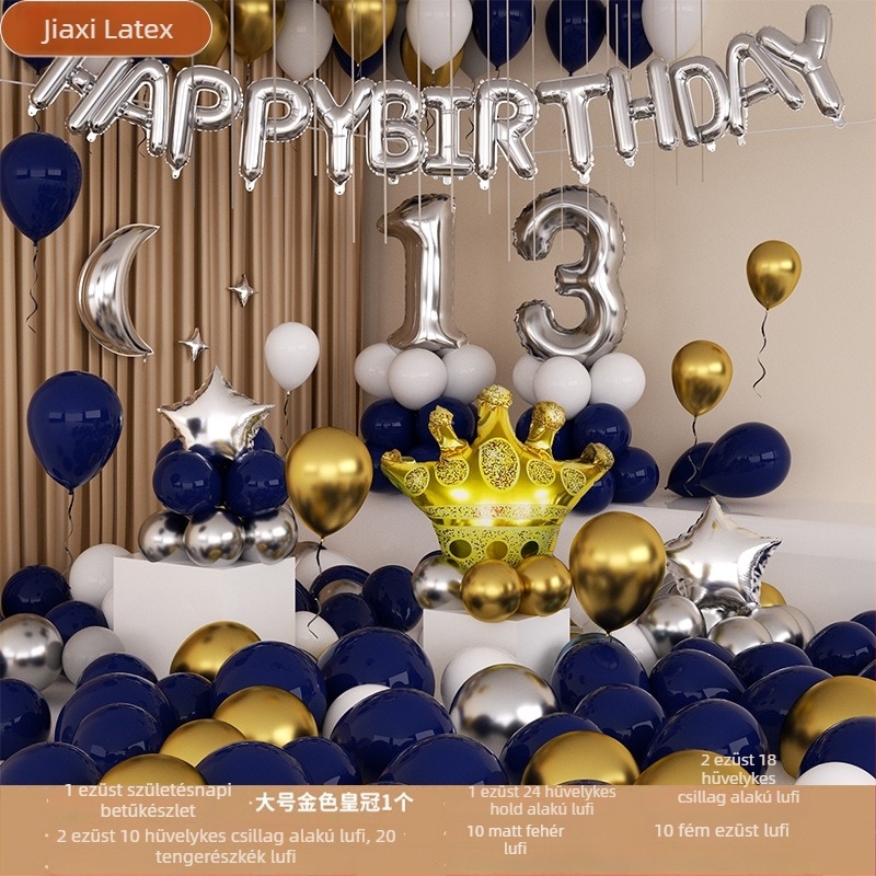 Szülinapi buli dekoráció – latex ballon készlet a háttér díszítéséhez, kerek ballonok fekete, ezüst, arany, metálkék és fehér