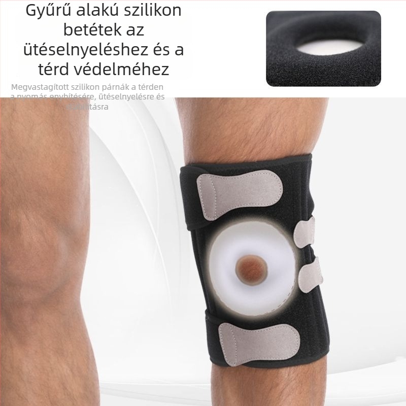Szabadban sportokra szánt térdvédő szilikon rugóval, patella védelem, állítható pántok; ideális kosárlabda, röplabda, kerékpározás és hegymászás.