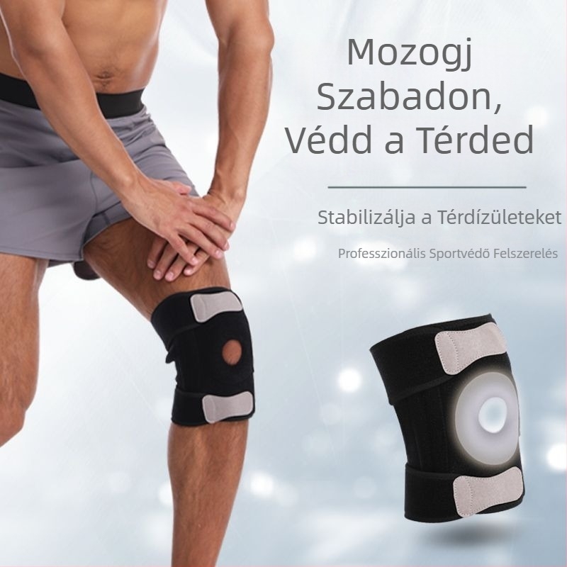 Szabadban sportokra szánt térdvédő szilikon rugóval, patella védelem, állítható pántok; ideális kosárlabda, röplabda, kerékpározás és hegymászás.