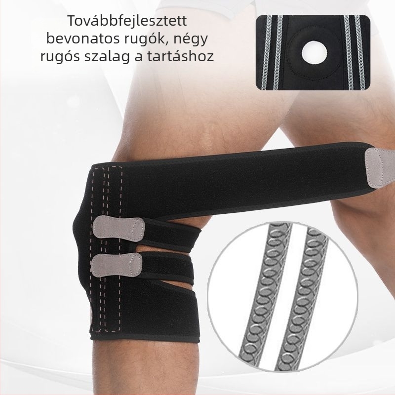 Szabadban sportokra szánt térdvédő szilikon rugóval, patella védelem, állítható pántok; ideális kosárlabda, röplabda, kerékpározás és hegymászás.