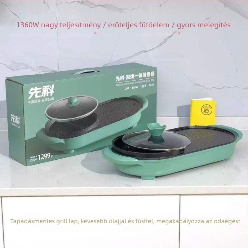 Shabu-shabu és grill kombinált elektromos készülék, füstmentes koreai stílusú Yin‑Yang edény
