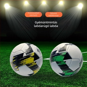 Gépvarrással készült futball-labda gumírozott belsővel, gyémántmintás PVC, méret 5, kopásálló és robbanásbiztos, felnőtteknek és diákoknak, több design