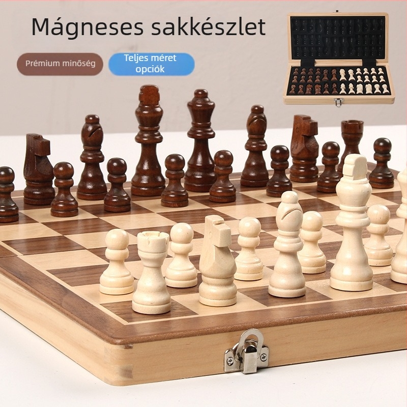 Mágneses összecsukható nagy méretű tömörfa sakk tábla készlet két dáma, felnőtteknek és gyerekeknek – oktató asztali játék