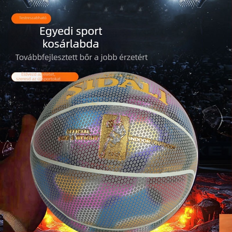 Fénylő kosárlabda gravírozott ajándékdobozzal – születésnapi ajándék fiúk számára, kék, fényvisszaverő, méretek 5 és 7