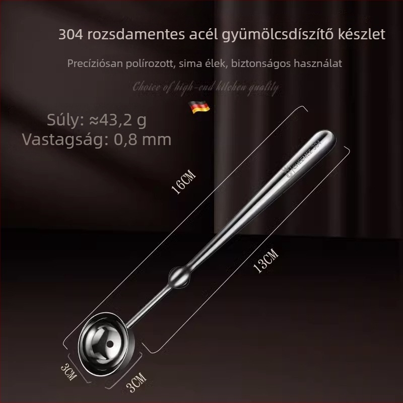 304 rozsdamentes acélból készült gyümölcsgömbösítő, dinnyeszedő kanál, gyümölcsszobrász kés és tálosztó eszköz