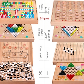 Fából készült, gyermekek és diákok számára készült, többfunkciós társasjáték – Ludo, Dáma, Gomoku, Kínai sakk – oktató fejlesztő játék