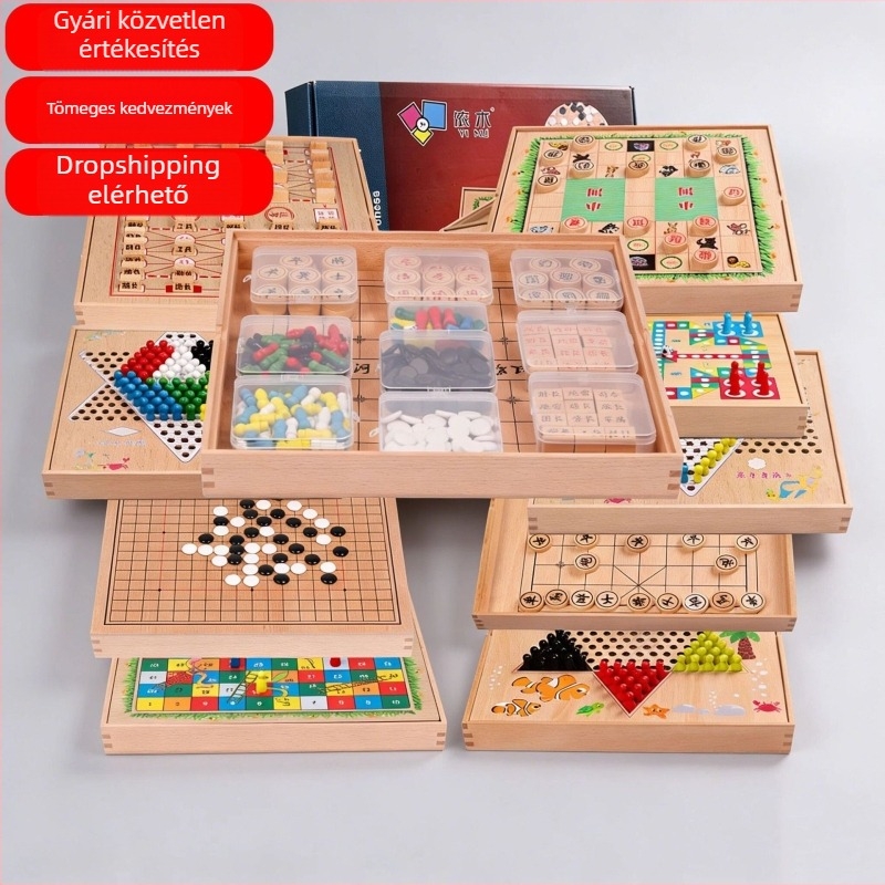 Fából készült, gyermekek és diákok számára készült, többfunkciós társasjáték – Ludo, Dáma, Gomoku, Kínai sakk – oktató fejlesztő játék