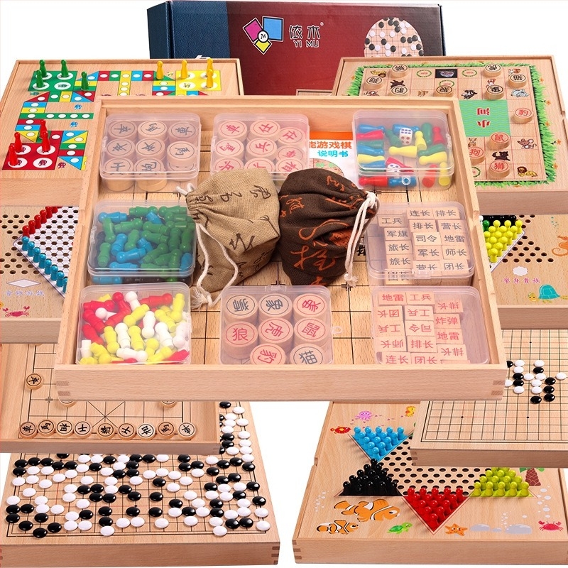 Fából készült, gyermekek és diákok számára készült, többfunkciós társasjáték – Ludo, Dáma, Gomoku, Kínai sakk – oktató fejlesztő játék