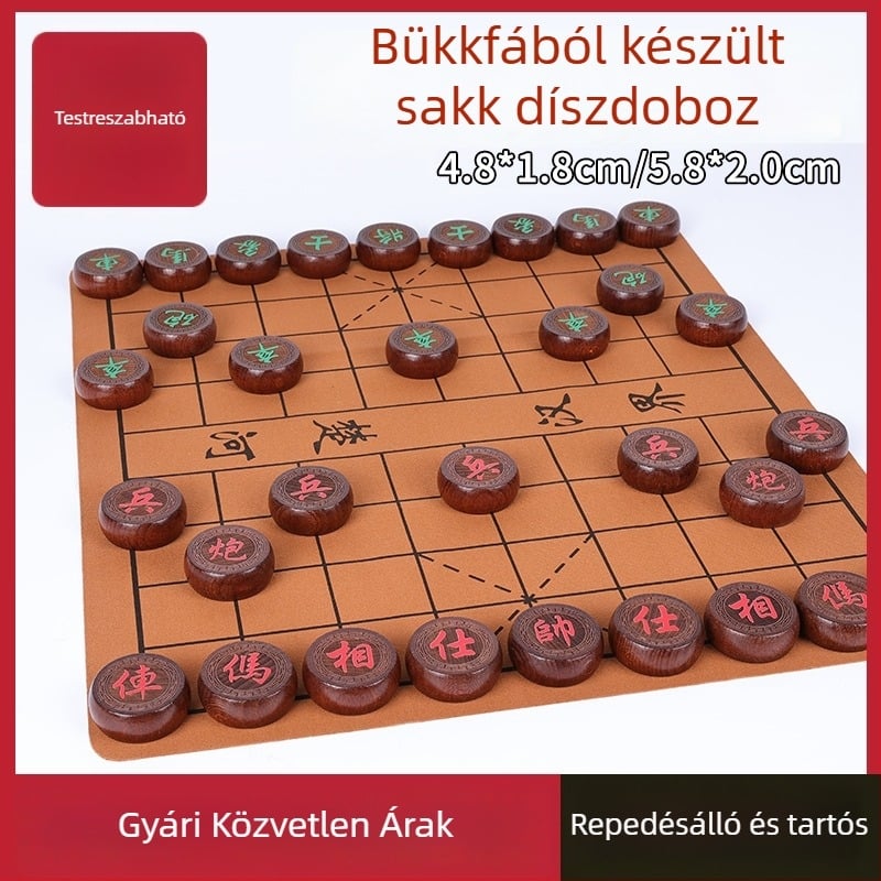 Fából készült kínai sakk készlet táblával, csúszásmentes bábukkal, prémium ajándék-dobozzal, két játékos részére