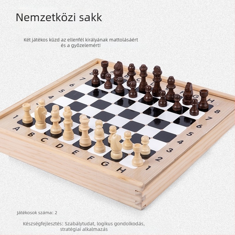 Fából készült, All-in-One társasjáték készlet: dáma, repülő sakk, Gomoku és állat sakk gyerekeknek