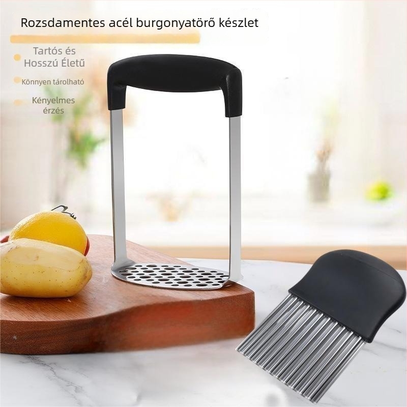 Rozsdamentes acél burgonyaprés, kézi zúzó eszköz a konyhába, modern minimalist stílus