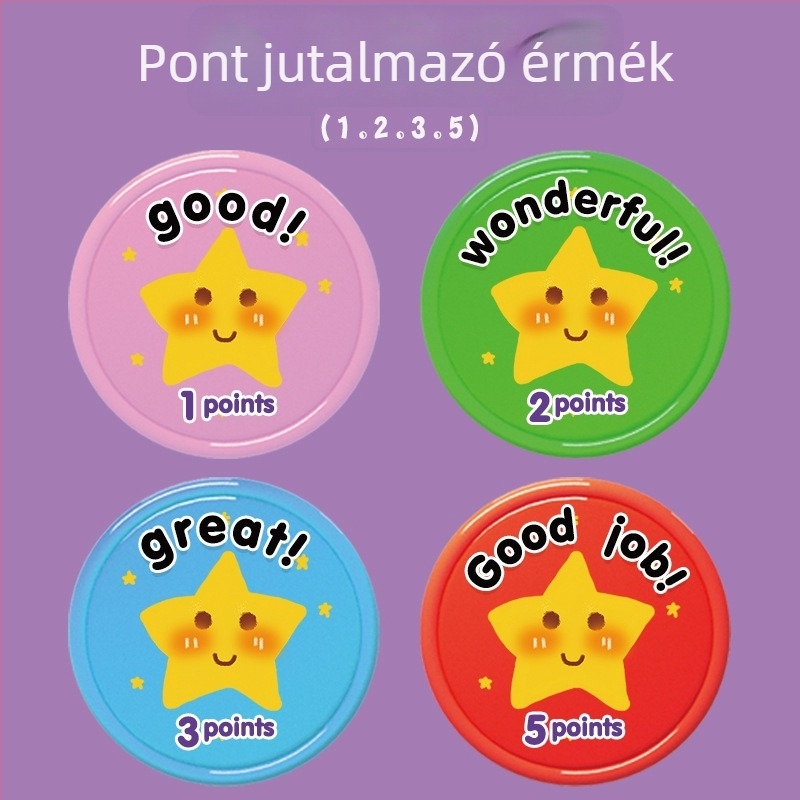 Gyermekek jutalmazó érméinek készlete, műanyag tanulási tokenek, dobókockák és digitális Mahjong