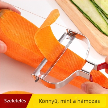 Rozsdamentes acél hámozó és szeletelő zöldségekhez és gyümölcsökhöz, ideális retekre és uborkára, többfunkciós konyhai eszköz