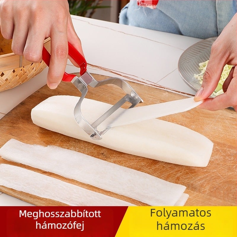 Rozsdamentes acél hámozó és szeletelő zöldségekhez és gyümölcsökhöz, ideális retekre és uborkára, többfunkciós konyhai eszköz