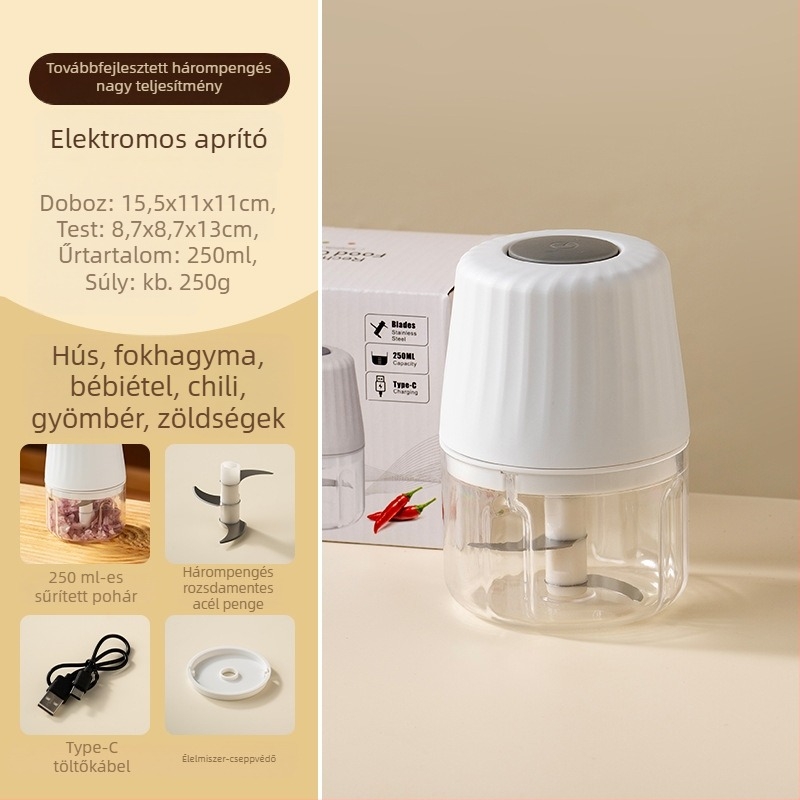 Vezeték nélküli elektromos fokhagymaprés és -daráló, fokhagyma paszta eszköz, mini konyhai processzor babafogásokhoz, húsdaráló
