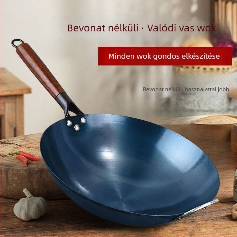 Kovácsoltvas wok, kerek aljzattal, bevonat nélkül, gázfőzőhöz, hagyományos kék vas wok otthoni használatra