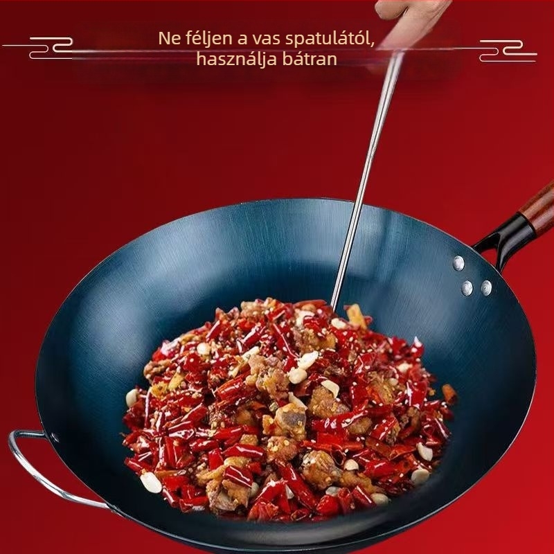 Kovácsoltvas wok, kerek aljzattal, bevonat nélkül, gázfőzőhöz, hagyományos kék vas wok otthoni használatra