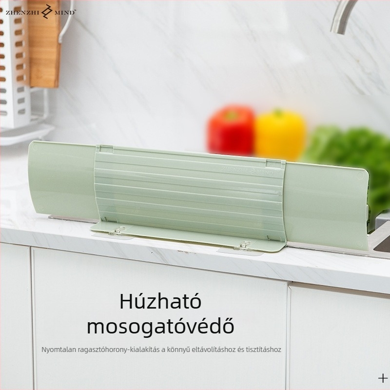 Konyhai mosogatóhoz visszahúzható fröccsenésvédőfal szívókorongokkal és olajelválasztóval