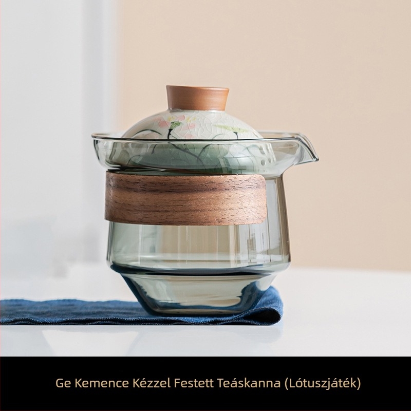 Utazó teás készlet kézzel festett poharakkal, egy teáskannával és három pohárral, kültéren hordozható