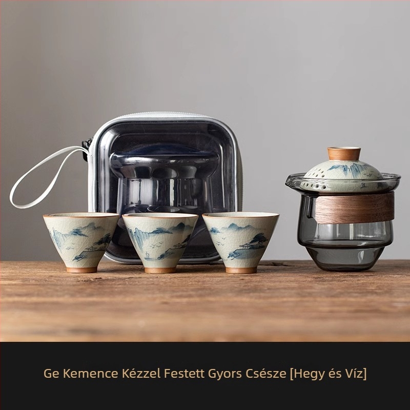 Utazó teás készlet kézzel festett poharakkal, egy teáskannával és három pohárral, kültéren hordozható