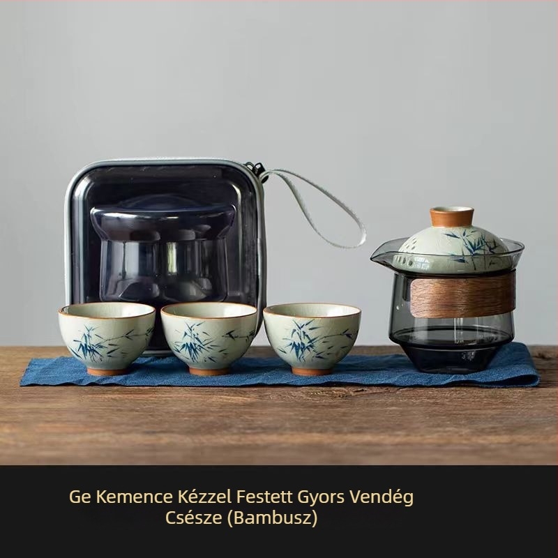 Utazó teás készlet kézzel festett poharakkal, egy teáskannával és három pohárral, kültéren hordozható