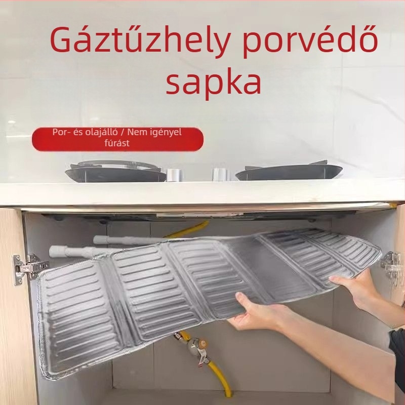 Gáztűzhely alatti porvédő pajzs, alsó tartó alumíniumfóliás szigetelőlemezzel