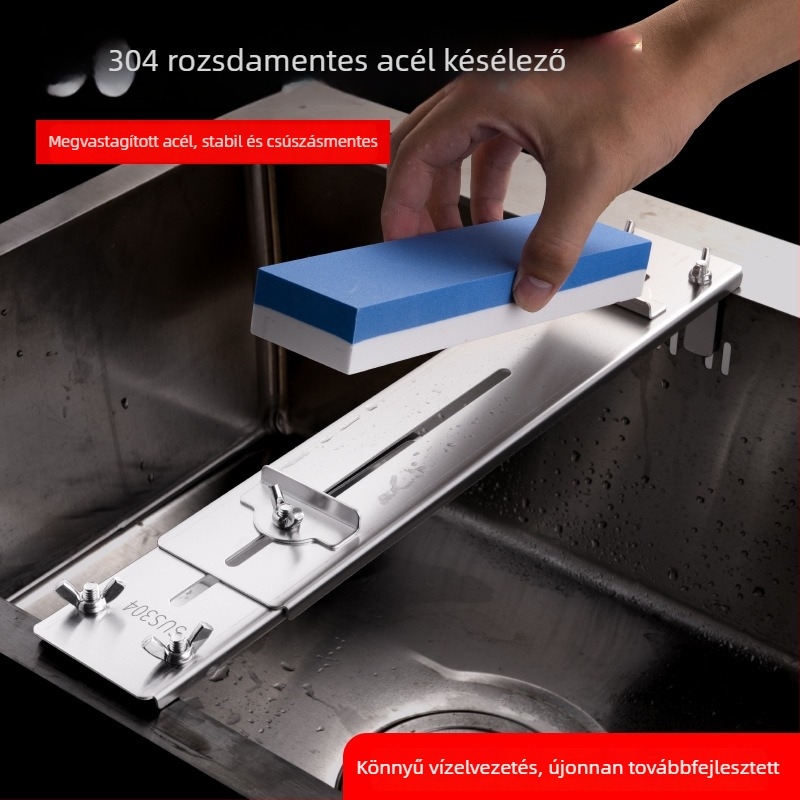 Rozsdamentes acél késélező tartó köszörűkővel, 304-es rozsdamentes acél, csúszásmentes keret mosogatójához