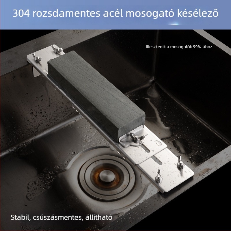 Rozsdamentes acél késélező tartó köszörűkővel, 304-es rozsdamentes acél, csúszásmentes keret mosogatójához