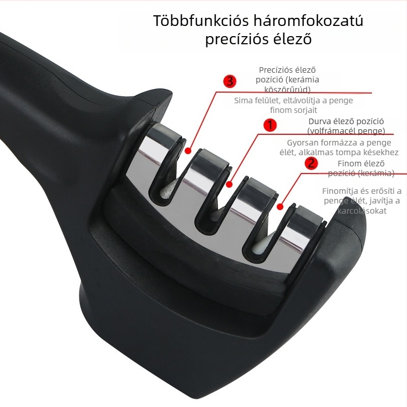Háromlépcsős hordozható konyhai késélező wolfrámacél és kerámiakövekkel