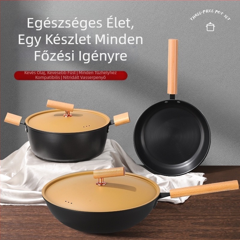 Három részes öntöttvas edénykészlet: lapos aljú, tapadásmentes wok, leveses fazék és gőzölő, reggelire alkalmas serpenyő