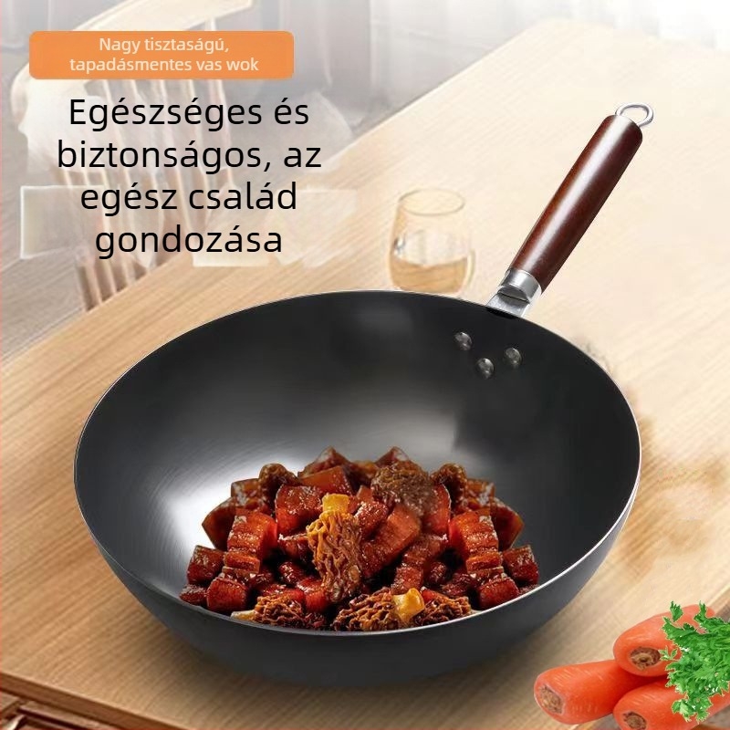 Golden Sixth Son öntöttvas wok, nagy méretű otthoni használatra, hagyományos bevonat nélküli serpenyő, nitridált, készen áll a használatra