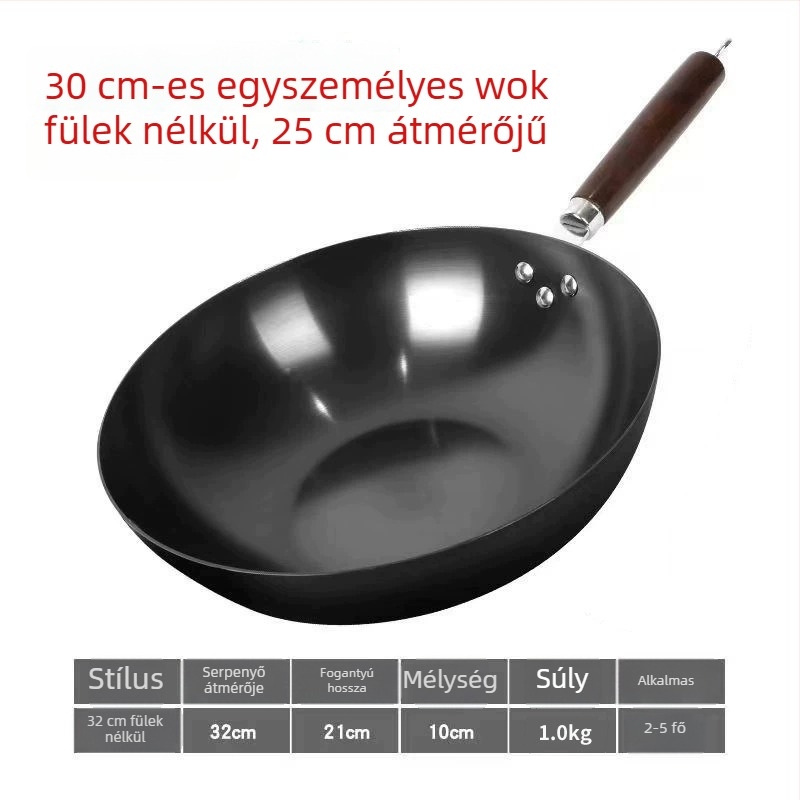 Golden Sixth Son öntöttvas wok, nagy méretű otthoni használatra, hagyományos bevonat nélküli serpenyő, nitridált, készen áll a használatra